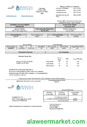 USA Florida Pensacola Energy business utility bill template in Word and PDF formats